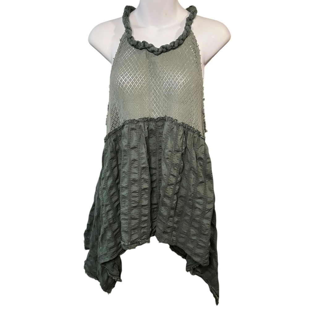 Free People Olive Green Textured Handkerchief Raw Hem Halter Top